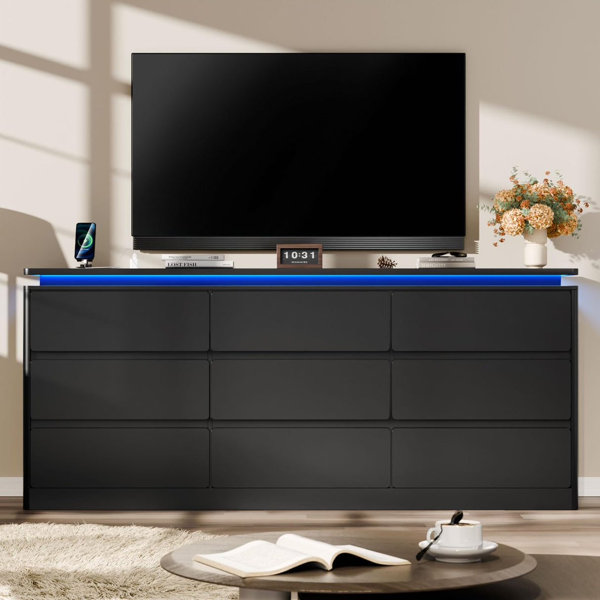 9 Drawer Dresser for Bedroom, 63" Long Black Chest of Drawers with Charging Station & LED Lights, Curved Anti-Collision Design,Wooden Closet Storage Cabinet,Modern Dresser TV Stand with Deep Drawers Gyfimoie