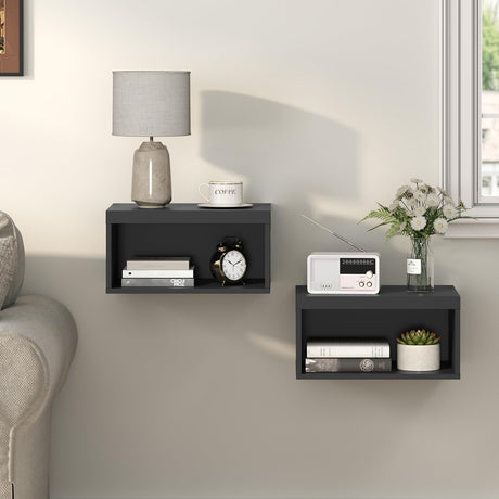 MAHANCRIS Floating Nightstand Set of 2, Wall Mounted Nightstand, Modern Floating Bedside Shelf with Open Shelf Cubby, Floating Side Tables Bedroom, Living Room, Black ETBK4901S2 MAHANCRIS