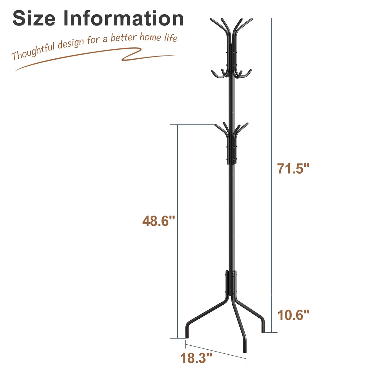 FILWH Coat Rack Freestanding Coat Tree Standing Coat and Hat Hanger Jacket Organizer Rack Metal,18.3" L x 18.3" W x 71.5" H, Black FILWH