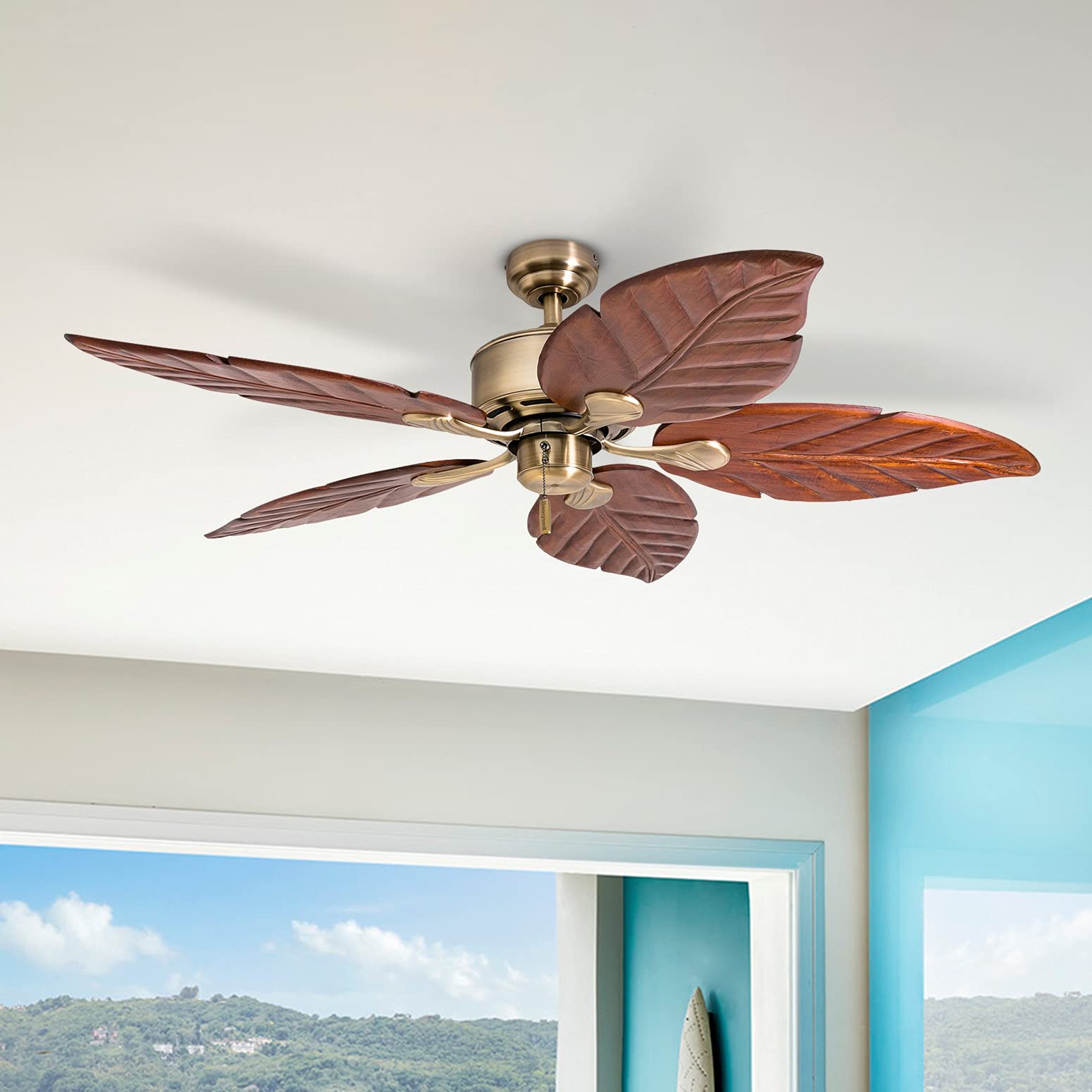 Honeywell Ceiling Fans Royal Palm, 52 Inch Tropical Indoor Ceiling Fan with No Light, Pull Chain, Three Mounting Options, Hand Carved Wooden Leaf Blades - 50502-01 (Bronze) - WoodArtSupply