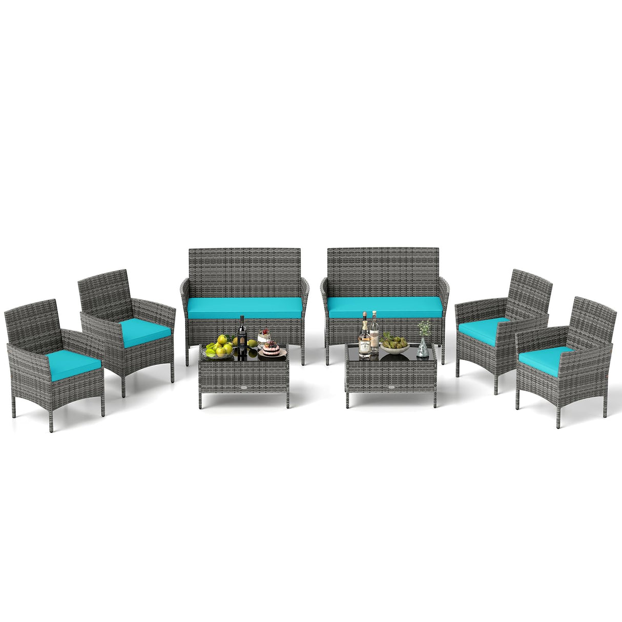 Tangkula 8 Pieces Patio Rattan Conversation Set, Outdoor Wicker Furniture Set with Cushioned Chair, Loveseat & Tempered Glass Table, Outside Sectional Sofa Set for Backyard (G-Turquoise,2) Tangkula