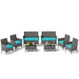 Tangkula 8 Pieces Patio Rattan Conversation Set, Outdoor Wicker Furniture Set with Cushioned Chair, Loveseat & Tempered Glass Table, Outside Sectional Sofa Set for Backyard (G-Turquoise,2) Tangkula