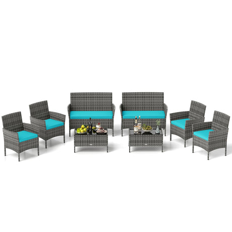 Tangkula 8 Pieces Patio Rattan Conversation Set, Outdoor Wicker Furniture Set with Cushioned Chair, Loveseat & Tempered Glass Table, Outside Sectional Sofa Set for Backyard (G-Turquoise,2) Tangkula