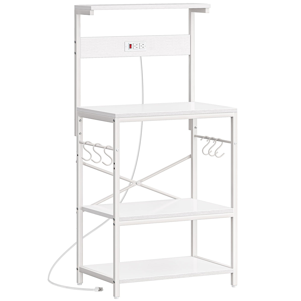 SUPERJARE Kitchen Bakers Rack with Power Outlet, Coffee Bar Table 4 Tiers, Microwave Stand with 6 S-Shaped Hooks, Storage Shelf Rack for Spices, Pots and Pans - White SUPERJARE