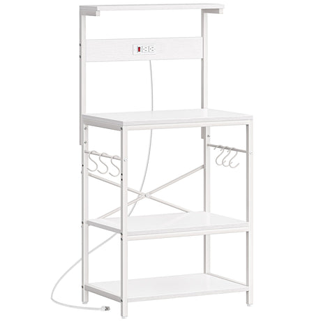 SUPERJARE Kitchen Bakers Rack with Power Outlet, Coffee Bar Table 4 Tiers, Microwave Stand with 6 S-Shaped Hooks, Storage Shelf Rack for Spices, Pots and Pans - White SUPERJARE