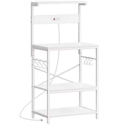 SUPERJARE Kitchen Bakers Rack with Power Outlet, Coffee Bar Table 4 Tiers, Microwave Stand with 6 S-Shaped Hooks, Storage Shelf Rack for Spices, Pots and Pans - White