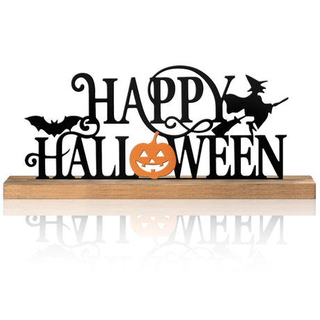 Realspring Happy Halloween Table Decor Farmhouse Tabletop Block Sign Rustic Tiered Tray Decor with Wooden Base Freestanding Metal Word Sign and Wooden Pumpkin Cutout for Home Table Shelf Office Realspring