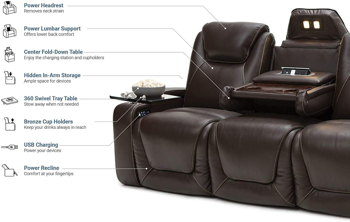 Seatcraft Vienna Home Theater Seating - Living Room - Italian Leather - Power Recline - Power Headrest - Powered Lumbar - AC USB Charging - Cup Holders - (Sofa with Fold Down Table, Brown) Seatcraft