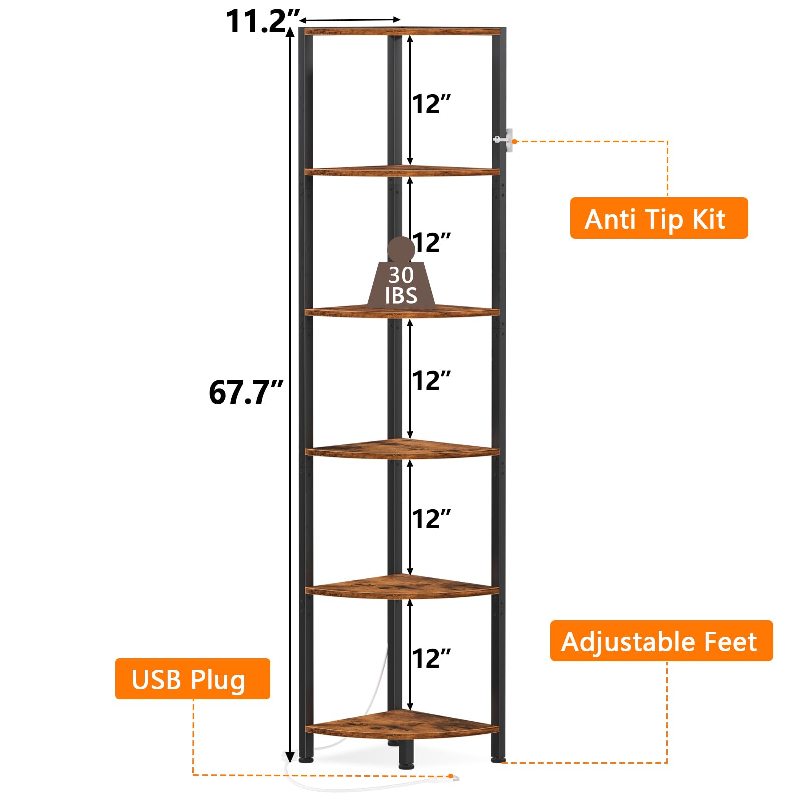 Furnulem 6-Tier LED Corner Shelf - 67.5” Tall Rustic Brown Storage & Display Unit - WoodArtSupply