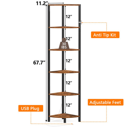 Furnulem 6-Tier LED Corner Shelf - 67.5” Tall Rustic Brown Storage & Display Unit - WoodArtSupply