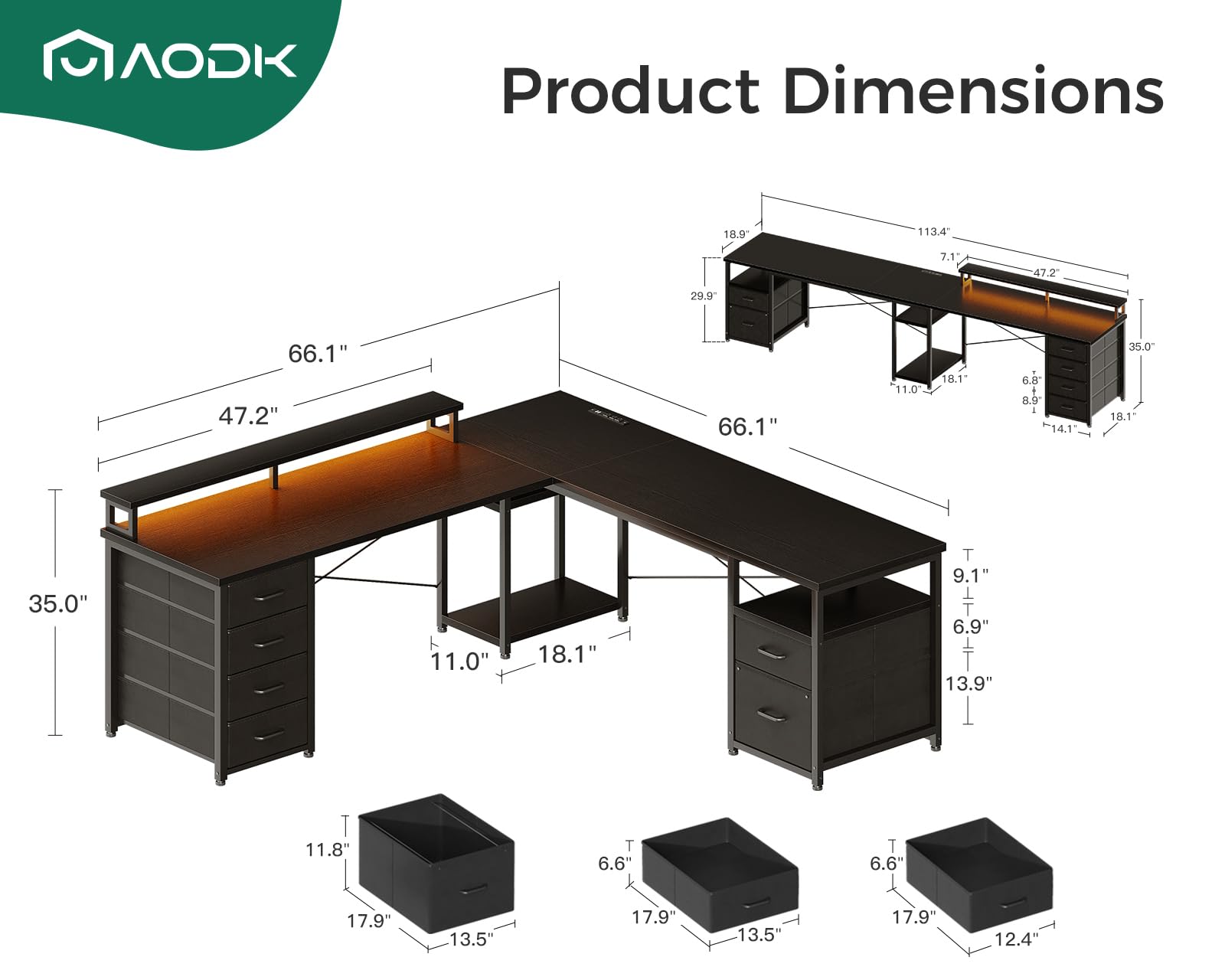 AODK 66" L Shaped Computer Desk, 113“ Reversible Home Office Desk with File Cabinet & 4 Fabric Drawers, Two Person Desk with LED Lights & Power Outlet, Corner Gaming Desk with Monitor Shelf,  - WoodArtSupply