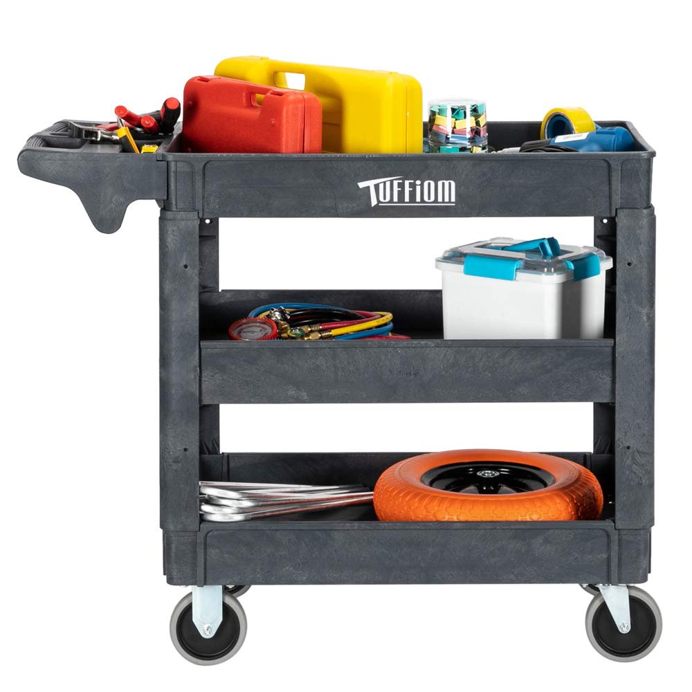 TUFFIOM Plastic Service Utility Cart with Wheels, 550lbs Capacity, Heavy Duty Tub W/Deep Shelves, Multipurpose Rolling 3-Tier Mobile Storage TUFFIOM