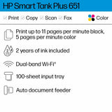 HP Smart -Tank Plus 651 Wireless All-in-One Ink -Tank Printer, up to 2 Years of Ink in Bottles, Auto Document Feeder, Mobile Print, Scan, Copy, Works with Alexa (7XV38A) HP