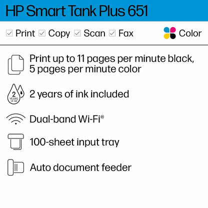 HP Smart -Tank Plus 651 Wireless All-in-One Ink -Tank Printer, up to 2 Years of Ink in Bottles, Auto Document Feeder, Mobile Print, Scan, Copy, Works with Alexa (7XV38A)