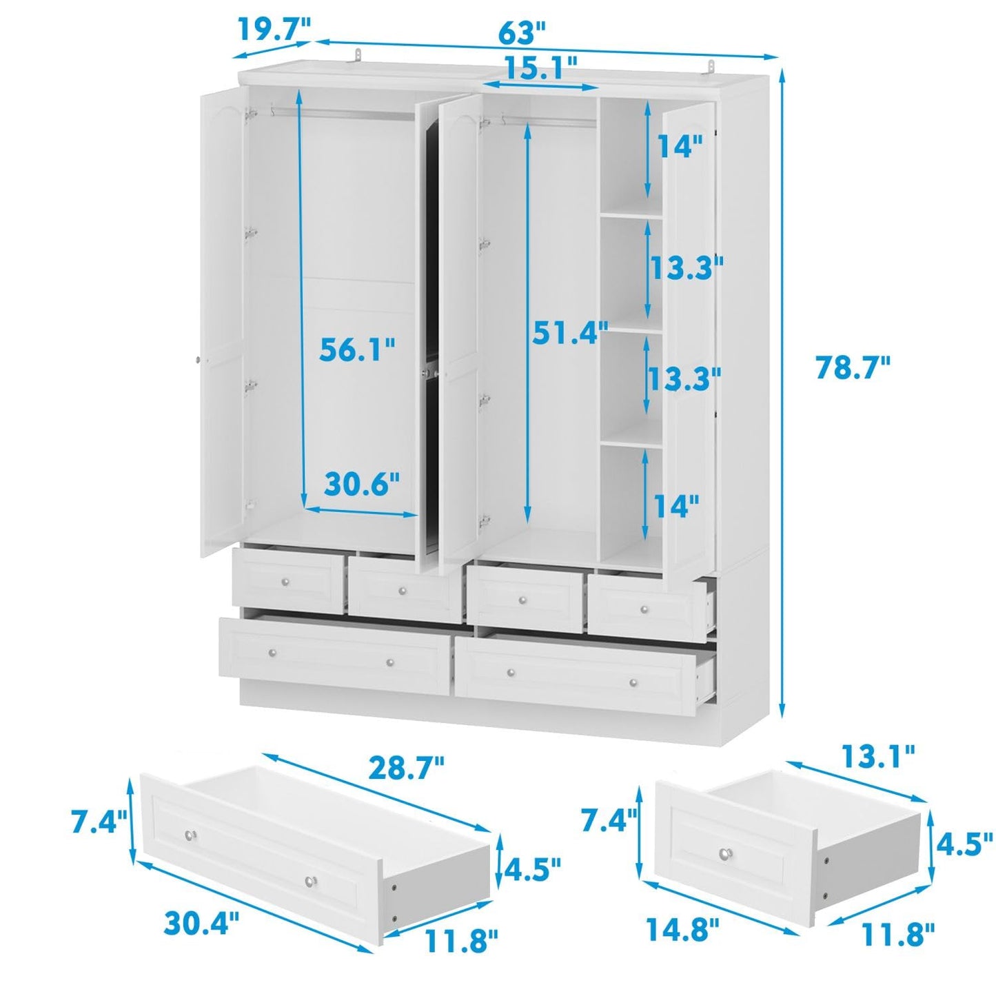 MOUMON 4 Door Wardrobe Closet with Mirror & 6 Drawers, Wardrobe Armoire Closet with 2 Hanging Rods, Armoire Wardrobe with 4 Tier Shelves, Closet for Bedroom White (63”W x 19.7”D x 78.7”H) - WoodArtSupply