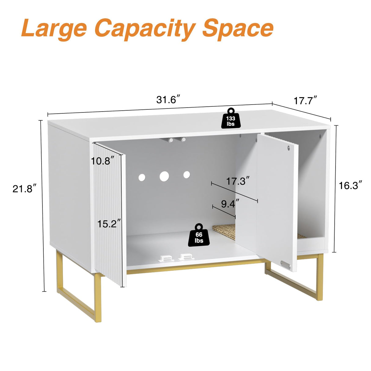 Cat Litter Box Enclosure, Fluted Hidden Litter Box Furniture with Scratch Pad and Metal Legs, Modern Enclosed Cat Cabinet, 31.5 x 17.7 x 21.7 Inches Indoor Pet House for Living Room, Washroom, White FiveWillowise