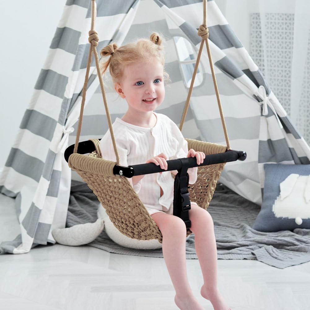 nets Tribe 2 -in- 1 Toddler Swing. Swing Seat for Kids with Adjustable Ropes, for Kids Heavy Duty Rope Play Secure Children Swing Set, for Outdoor Indoor, Backyard. Upgrade Product (Light Brown) nets Tribe