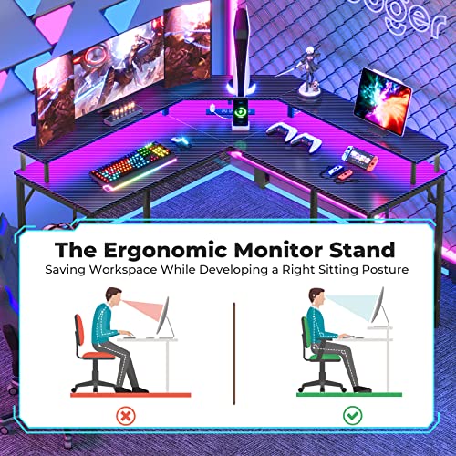 Huuger L Shaped Gaming Desk with Power Outlets & LED Lights, Computer Desk with Monitor Shelves, Carbon Fiber Surface, Home Office Desk, Corner Gaming Desk with Hooks, Carbon Fiber Black，7054 - WoodArtSupply