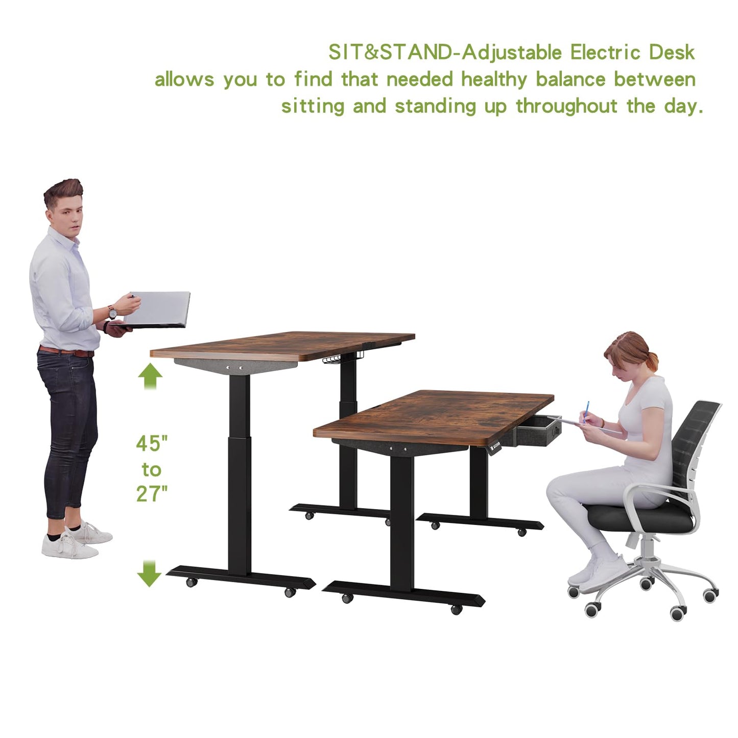 Radlove Dual Motors Height Adjustable 55 x 30'' Electric Standing Desk with Drawer Stand Up Table 4 Memory Keys, Computer Desk with Splice Board Home Office Desk, Rustic Brown Top + Black Fra - WoodArtSupply