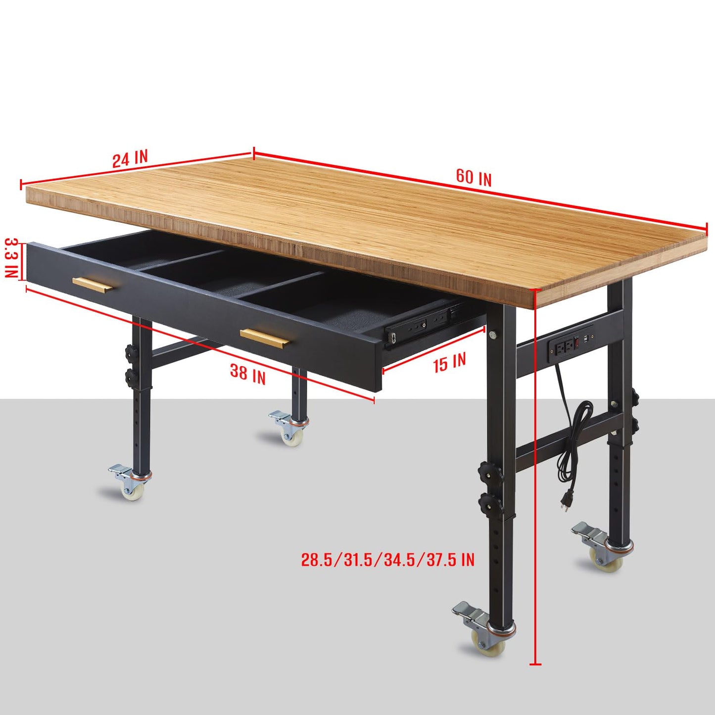 60" Adjustable Work Bench with Drawer Storage, Power Outlet, and Wheels - Heavy Duty Work Table for Home, Garage, and Office - Sturdy Steel Frame with Solid Bamboo Table Top - 2700 lbs Capaci - WoodArtSupply