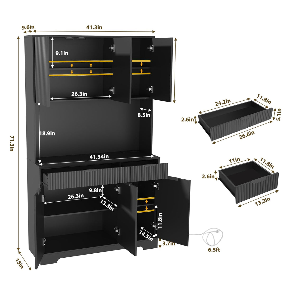 P.H.Furn 71" Pantry Cabinet, Kitchen Storage Cabinet with Drawers & Adjustable Shelf, Microwave Shelf, Kitchen Hutch with LED Light & Outlets for Dining Room/Entry/Hallway (Black) P.H.Furn