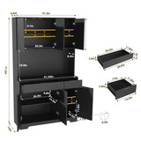 P.H.Furn 71" Pantry Cabinet, Kitchen Storage Cabinet with Drawers & Adjustable Shelf, Microwave Shelf, Kitchen Hutch with LED Light & Outlets for Dining Room/Entry/Hallway (Black) P.H.Furn