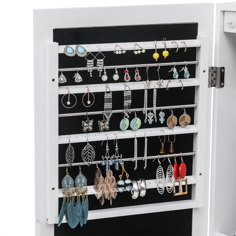 Full Length Mirror Jewelry Cabinet - 4-Layer Shelf Wall Mounted Jewelry Organizer with 8 LED Lights - Jewelry Armoire with Mirror And 6 Drawers - Wall and Door Hanging Jewelry Organizer - Whi - WoodArtSupply