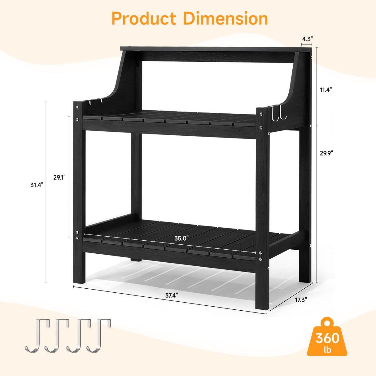 ONBRILL Potting Bench Table, HDPS Potting Bench with 4 Side Hooks, All-Weather Garden Table Work Station, Outdoor Potting Table for Porch, No Rust, No Fade, No Break, 360lbs Capacity (Black, Large) ONBRILL