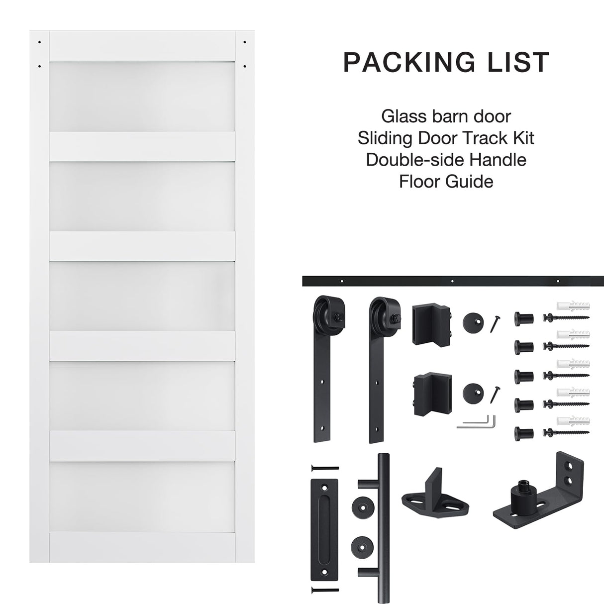 COSHOMER 36in x 84in 5-Panel Sliding Glass Barn Door with 6.6ft Hardware Kit Included, Easy Assembly with Pre-Drilled Holes, Waterproof, Frosted Glass for Bathroom-Fit Max Opening 34in x 82in, White COSHOMER