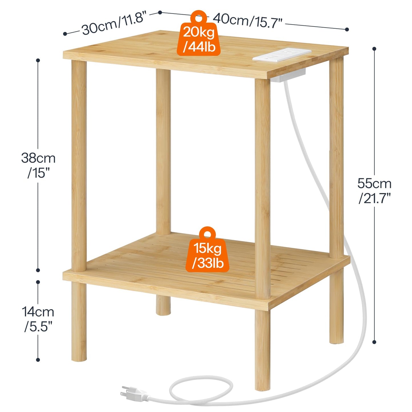 HOOBRO Bamboo Side Table, End Table with Charging Station, 2-Tier Side Table with 1 Outlet and 2 USB Ports, Easy Assembly, for Living Room, Bedroom, Office, Study, Natural YL155UBZ01 - WoodArtSupply