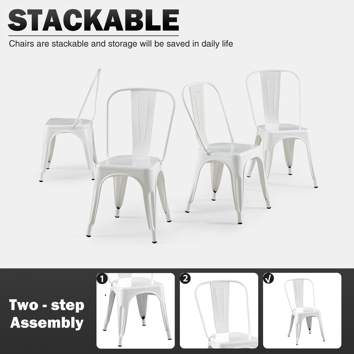 SOLEGGIATA White Metal Dining Chairs Set of 6 Iron Stackable Industrial Tolix Style Outdoor Farmhouse Kitchen Cafe Arctic White Color SOLEGGIATA