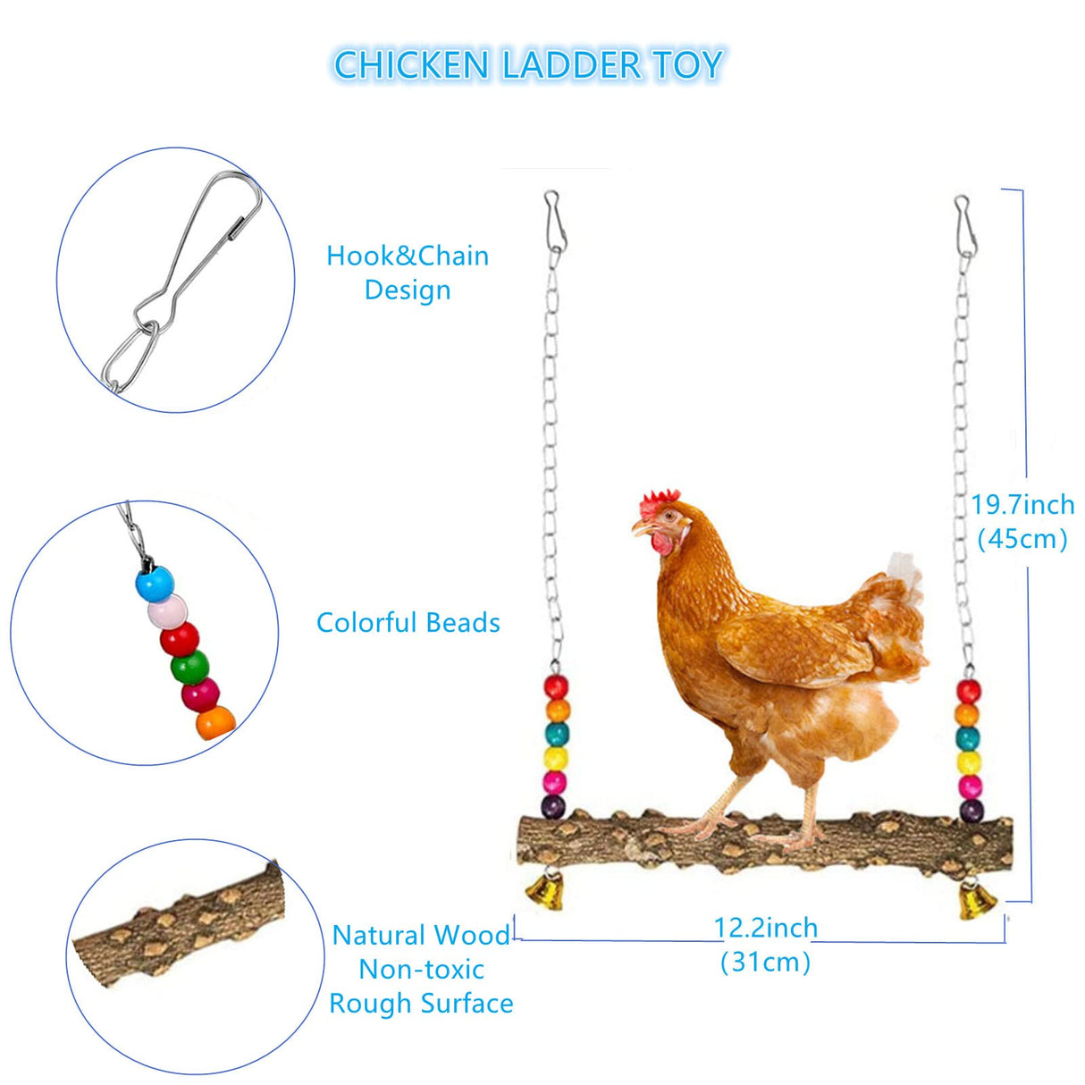 Longer Chain Chicken Toys for Coop Accessories 7PCS, Chicken Swing Ladder Perch roosts, Chicken Xylophone Mirror with Bells Vegetable Fruits Hanging Chicken Feeder for hens Bird Parrot ZLBgons