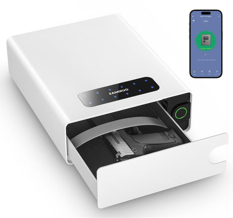 EAMIRUO Small Handgun Safe for Pistol Unlock with Fingerprint/Keypad/Key/App, Slide-Away Gun Lock Box Biometric Pistol Safe for Nightstand Bedside (White) EAMIRUO
