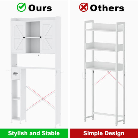 EasyCom Over The Toilet Storage Cabinet with Metal Frame and 7 Storage Shelves, Bathroom Organizer with Adjustable Shelves, Paper Holder and Racks, Farmhouse Storage Cabinet for Laundry, White EasyCom