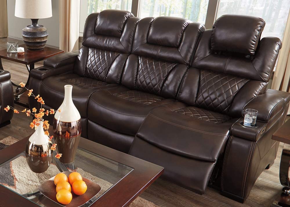 Signature Design by Ashley Warnerton Faux Leather Power Reclining Sofa with Adjustable Headrest, Brown