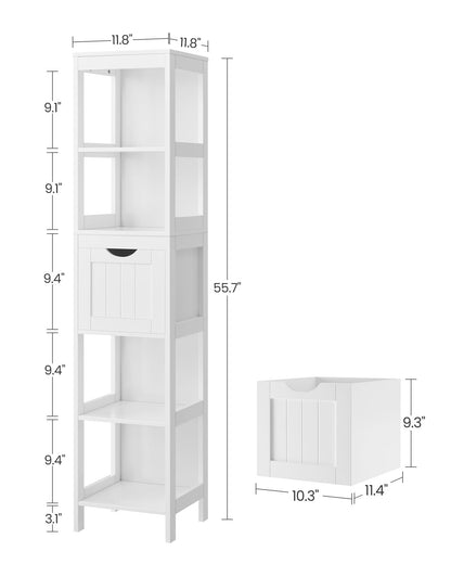 VASAGLE Bathroom Floor Cabinet, Bathroom Storage Organizer Rack Stand, Multifunctional Corner Unit, 2 Drawers, 55.7 Inches in Height, White UBBC66WT