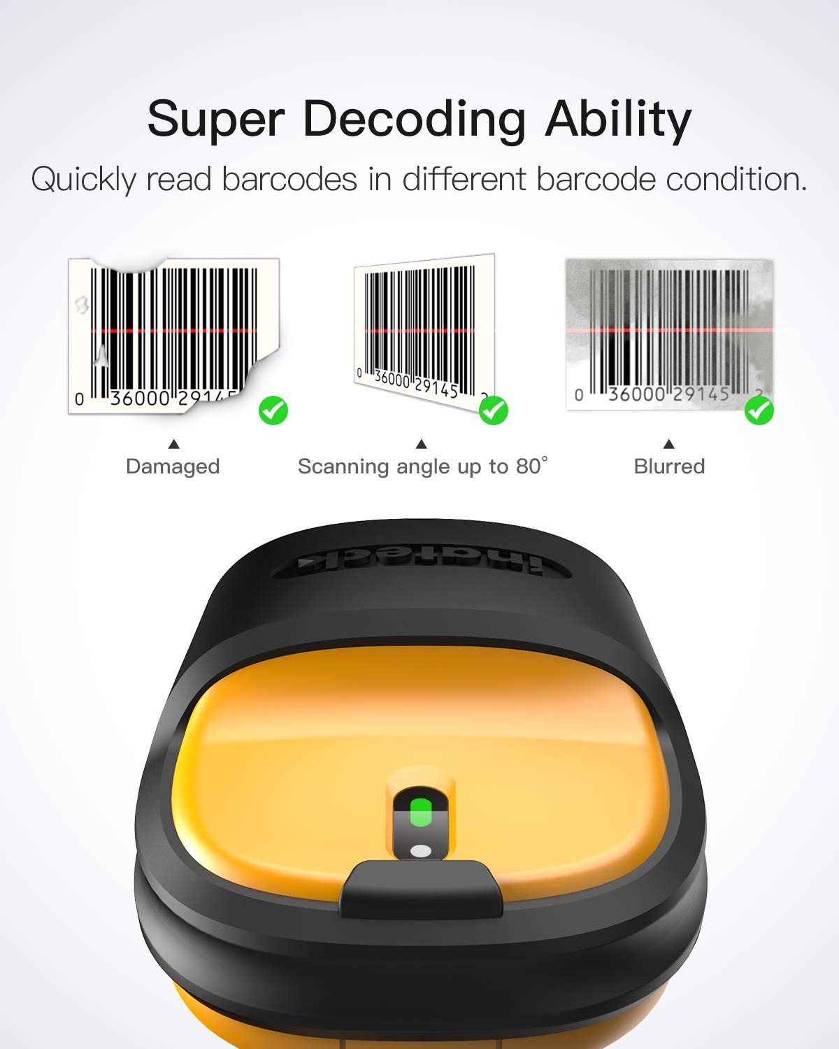 Inateck Barcode Scanner, Wireless Scanner, 2.4 GHz Adapter, 2600mAh Battery, 60M Range, Automatic Scanning, P6 Inateck