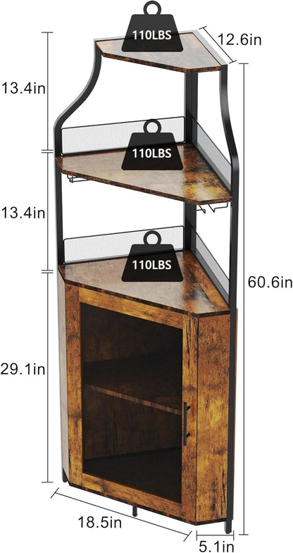 TrailBlaze Corner Bar Cabinet with LED Lights, Wine Bar Cabinet with Adjustable Shelf and Glass Holder 5-Tiers Storage Space Corner Liquor Cabinet Industrial Liquor Cabinet for Small Space, Retro