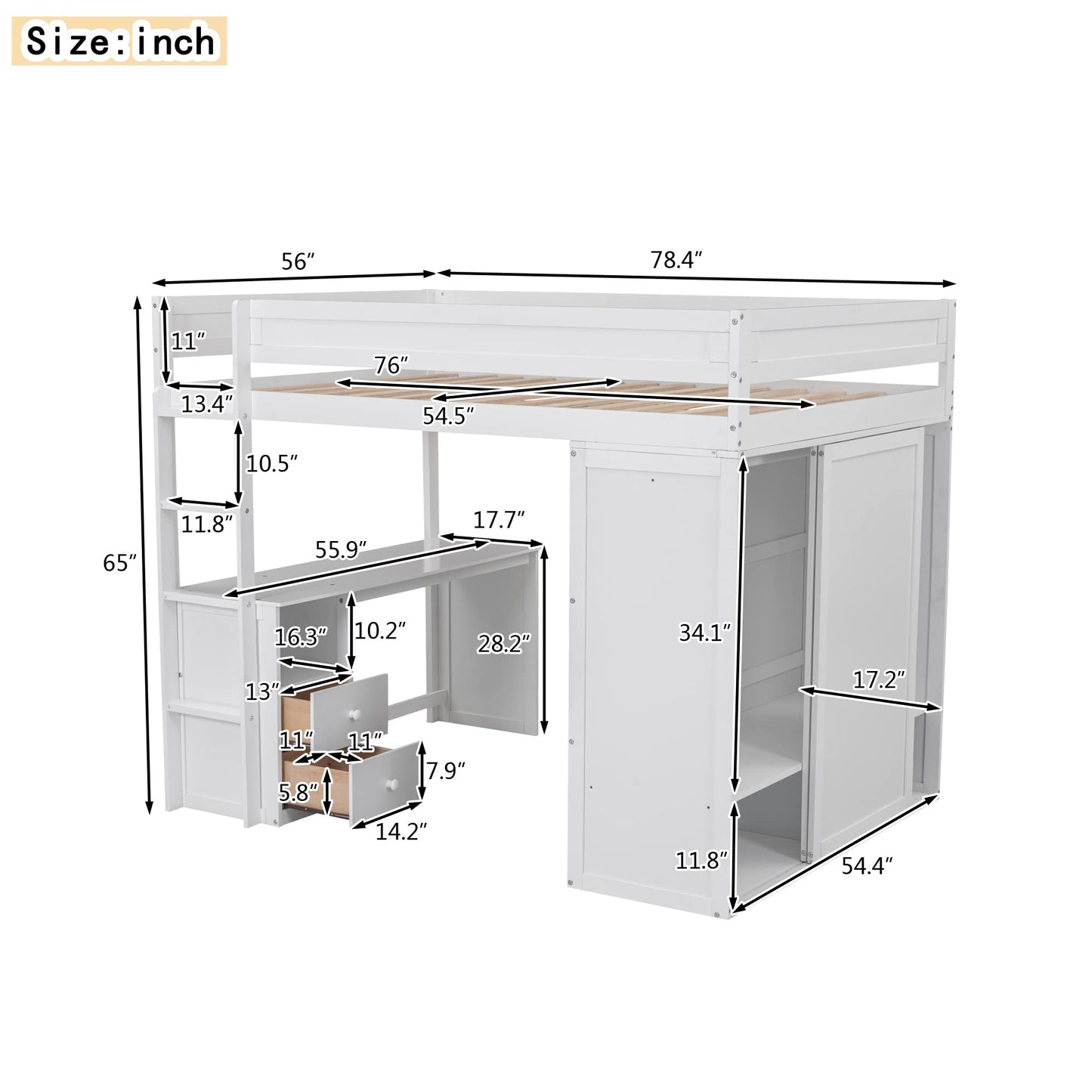 Polibi White Full Size Loft Bed with Wardrobe and 2-Drawer Desk - WoodArtSupply