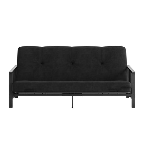 DHP Harlow Metal Arm Futon, Full Size Black Frame with 6" Grey Microfiber Mattress DHP