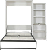 MERITLINE Queen Size Murphy Bed with Storage Bookcase Shelves,Cabinet and USB Port,Wood Folding White Murphy Wall Bed Cabinet MERITLINE