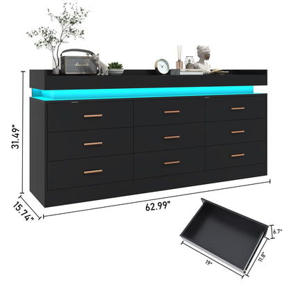 jiteentarou Drawer Dresser with Charging Station and LED Lights, Modern Chest of Drawers with Power Outlet, Organizer Cabinet for Bedroom, Living Room, Entryway(Black) - WoodArtSupply