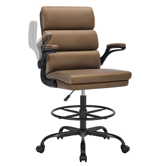 Drafting Chair Tall Office Chair with Padded Flip-up Armrests Executive Ergonomic Computer Standing Desk Chair with Comfortable Leather Backrest and Adjustable Footrest Ring (Tan) - WoodArtSupply