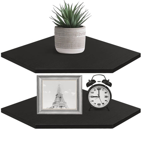 Homode Corner Shelf Wall Mount, Set of 2 Corner Floating Shelves with Wire Hole for TV, Cable Box, Wood Hanging Storage Shelf Organizer for Bathroom Kitchen Living Room Bedroom, Black Homode