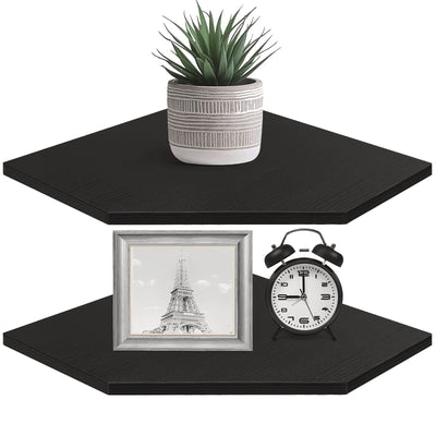 Homode Corner Shelf Wall Mount, Set of 2 Corner Floating Shelves with Wire Hole for TV, Cable Box, Wood Hanging Storage Shelf Organizer for Bathroom Kitchen Living Room Bedroom, Black