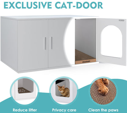 Amunrbrek Litter Box Enclosure, Cat Litter Box Enclosure Furniture, Wooden Litter Box Furniture with 2 Enclosure Liner (White)