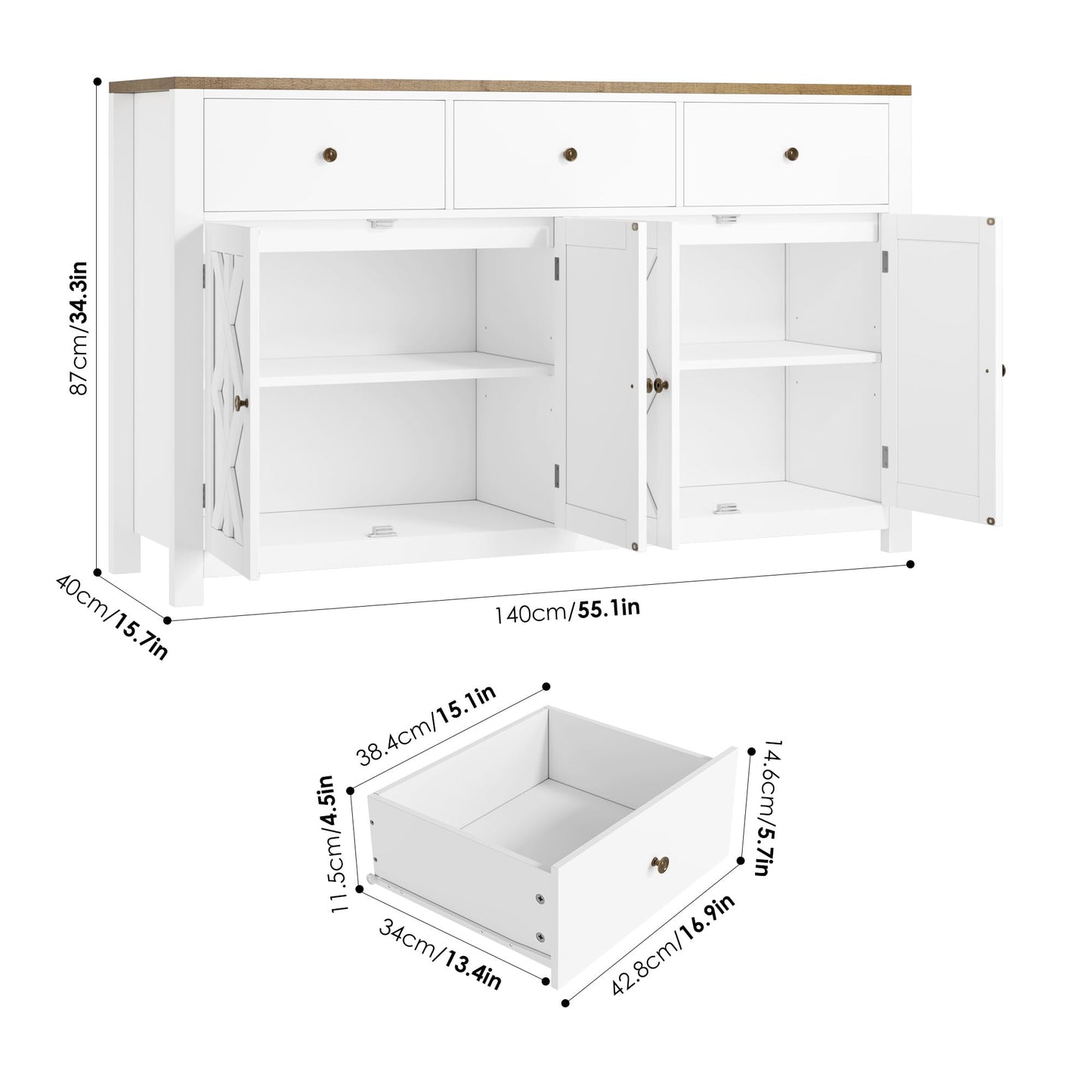 finetones Buffet Cabinet with Storage, 55.1” Large Sideboard Buffet Cabinet, Farmhouse Kitchen Cabinet Display Cabinet with 3 Drawers and 4 Doors, Wood Coffee Bar Cabinet for Kitchen Dining R - WoodArtSupply