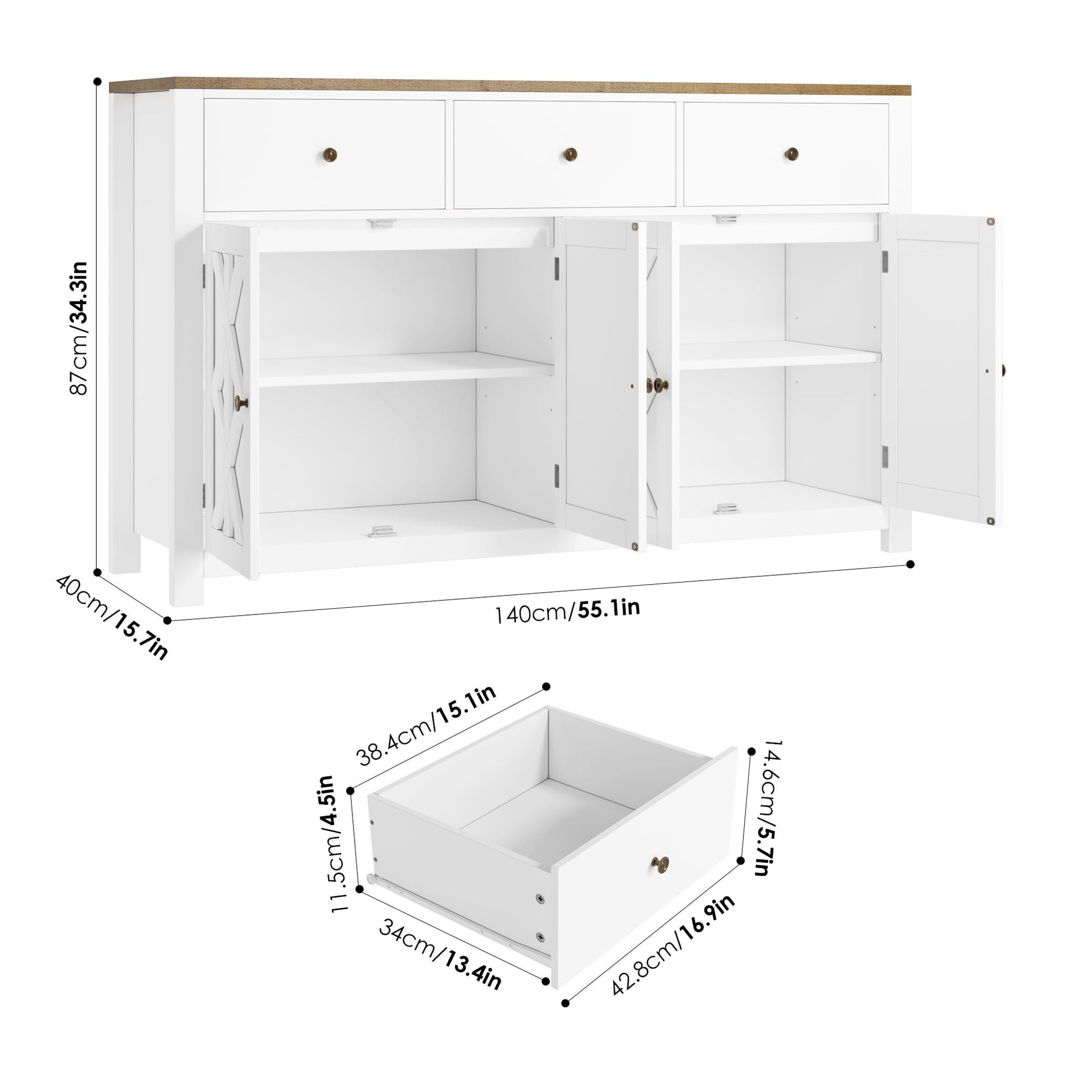 finetones Buffet Cabinet with Storage, 55.1” Large Sideboard Buffet Cabinet, Farmhouse Kitchen Cabinet Display Cabinet with 3 Drawers and 4 Doors, Wood Coffee Bar Cabinet for Kitchen Dining R - WoodArtSupply