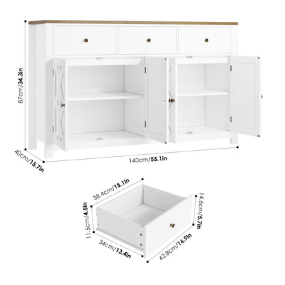 finetones Buffet Cabinet with Storage, 55.1” Large Sideboard Buffet Cabinet, Farmhouse Kitchen Cabinet Display Cabinet with 3 Drawers and 4 Doors, Wood Coffee Bar Cabinet for Kitchen Dining R - WoodArtSupply