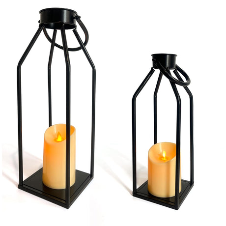 LIFFY Candle Lanterns Decorative Indoor - Modern Farmhouse Lantern Home Decor - 2PCS Black Metal Candle Lanterns, Flickering Candles for Living Room, Indoor, Outdoor, Front Porch LIFFY